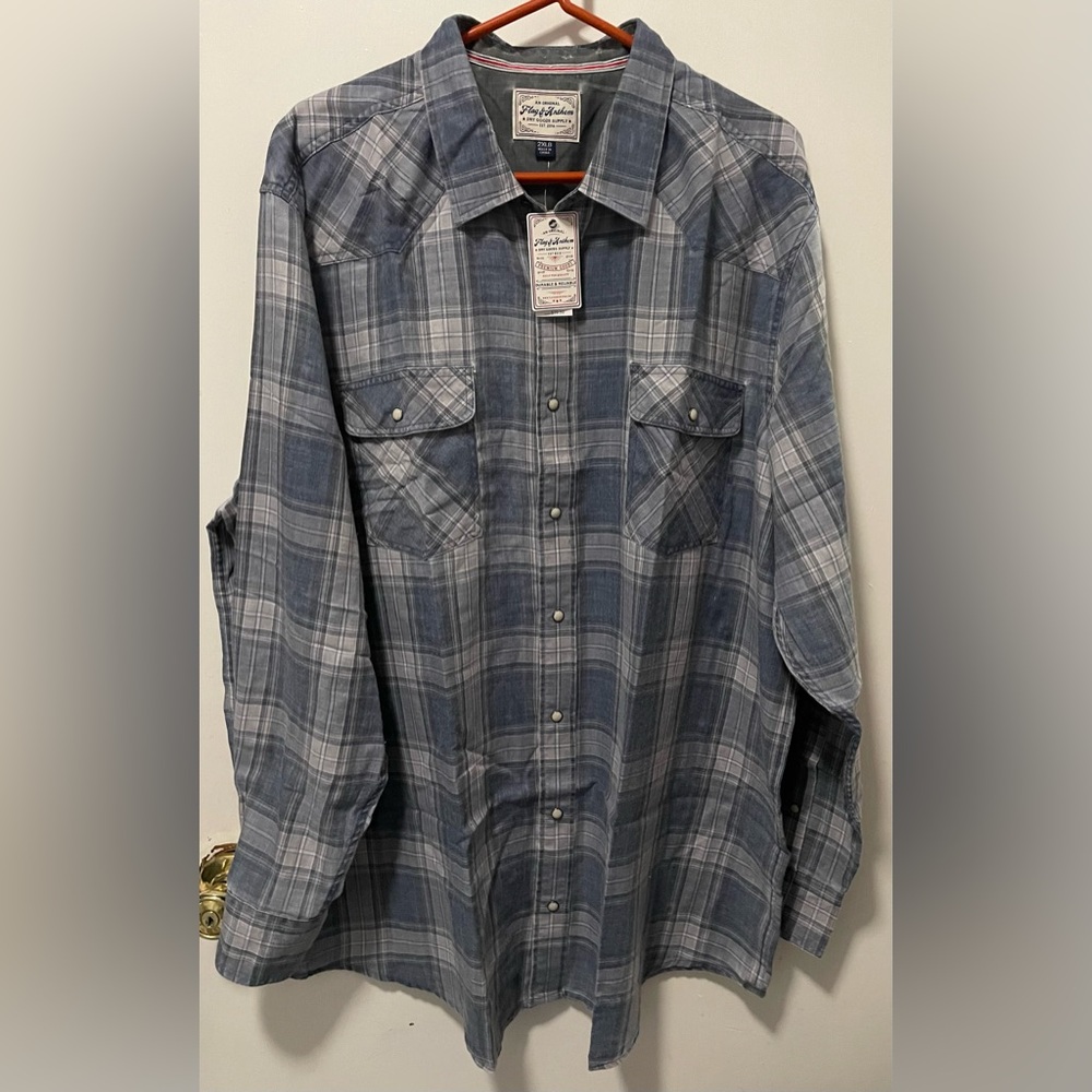 Flag & Anthem Mens Western Navy Slate Plaid Snap Button Shirt Front Pockets 2XLB